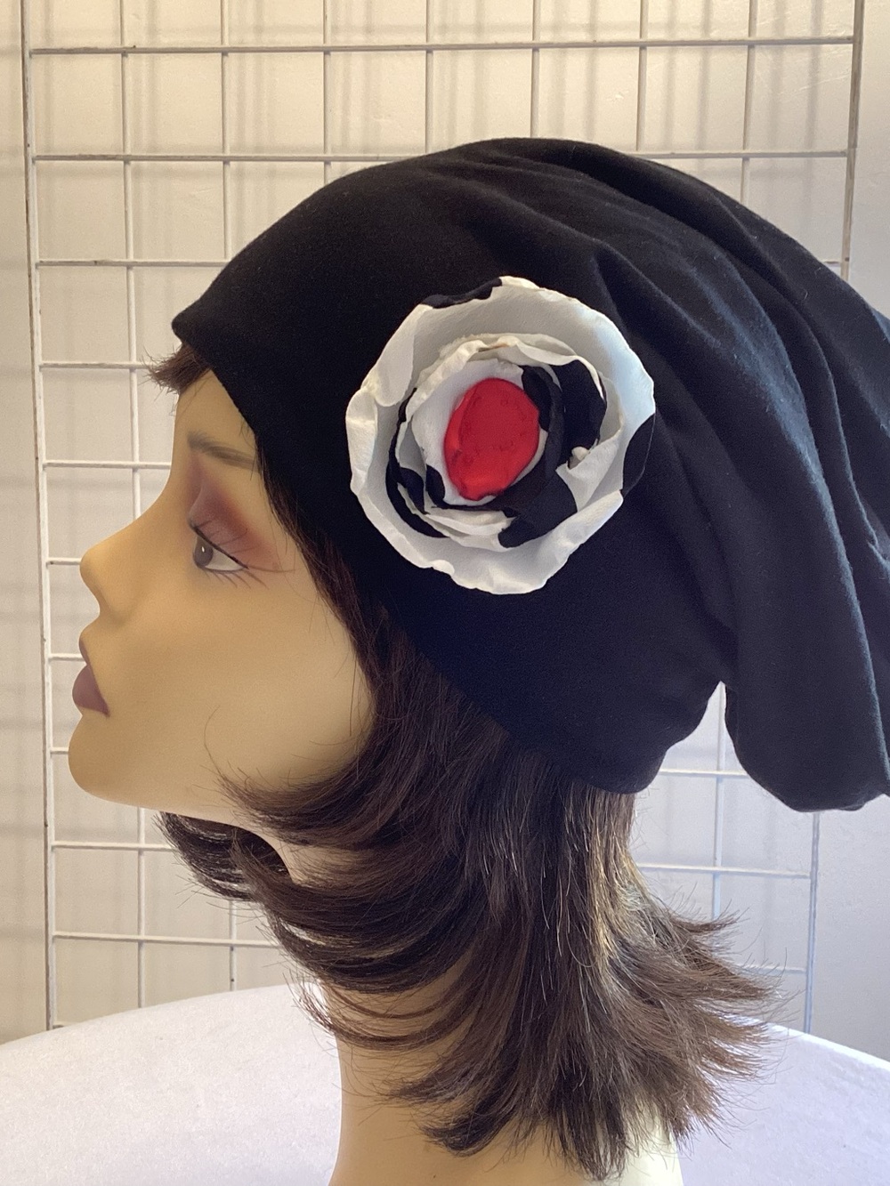 Black Slouchy Beanie with Red Flower NWOT